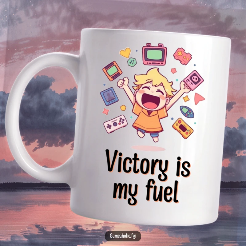 Funny mug of a character cheering wildly, surrounded by floating game icons, celebrating a gaming victory with epic enthusiasm.