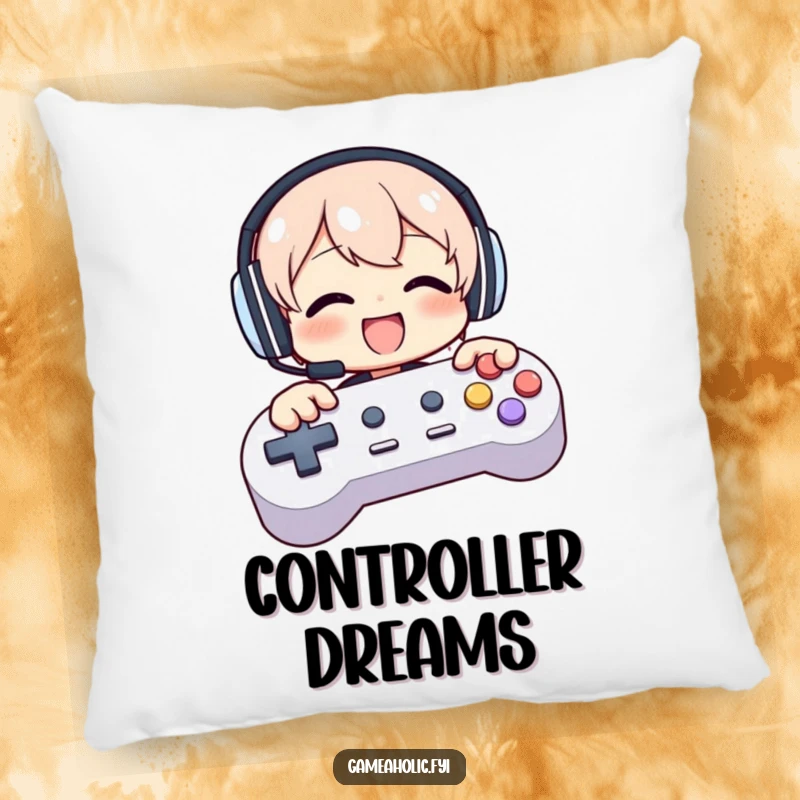 Funny pillow featuring a character wearing headphones, enthusiastically mashing giant controller buttons with glee.