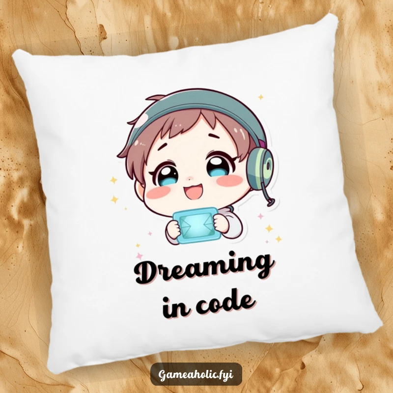 Funny throw pillow featuring a character delightedly staring at a flashing virtual world, adding a touch of digital charm.