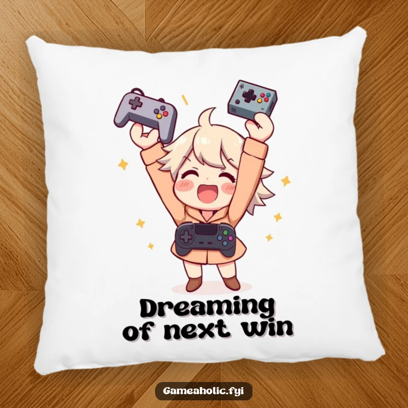 Funny pillow shows an ecstatic gamer character throwing a controller in the air, celebrating a win with pure joy and comfort.