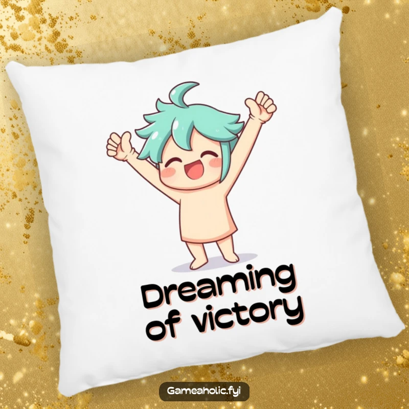 Funny Pillow with a character doing a lively victory dance with arms raised high, embodying success and comfort.