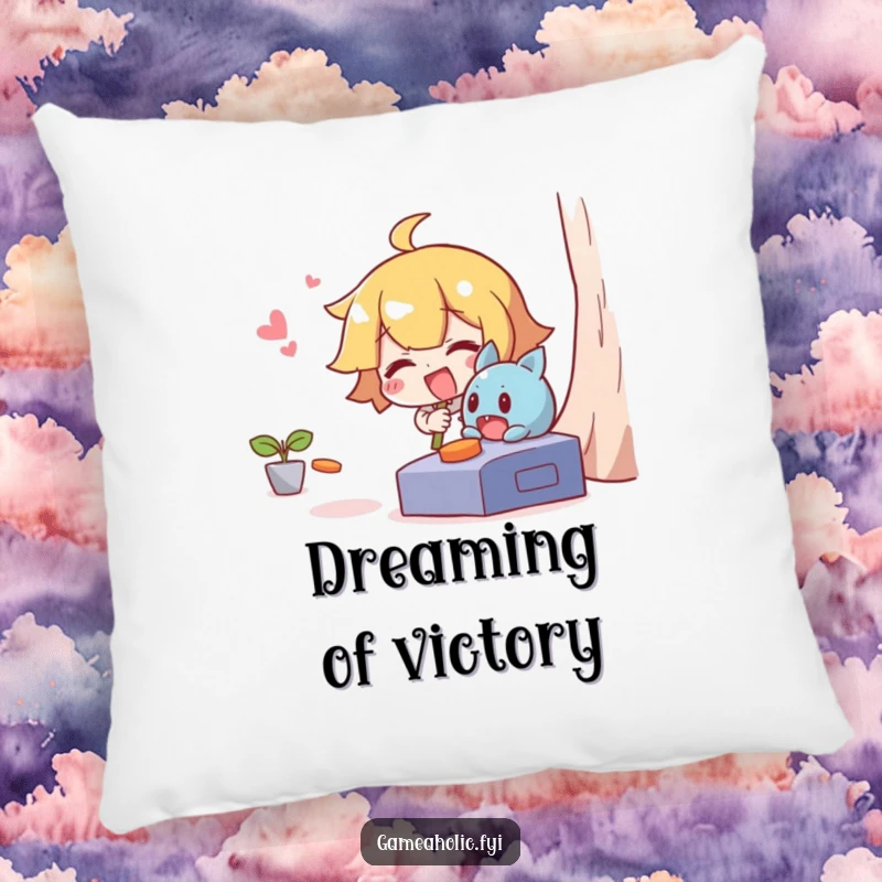 Funny pillow featuring a giggling character humorously attempting to capture a mischievous character escaping from a video game.