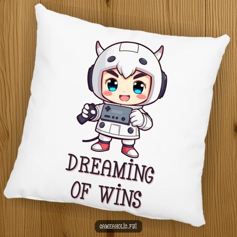 Funny pillow featuring a proud character in a victorious pose, holding a video game controller.