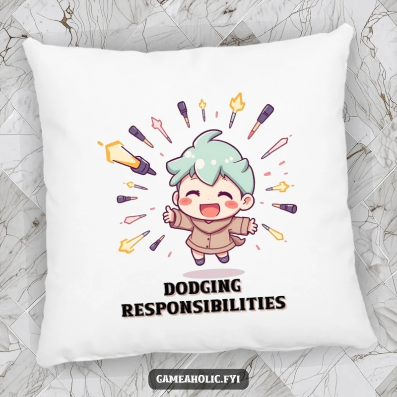 Funny pillow depicting a character joyfully dodging digital projectiles, offering comfort and a humorous gaming vibe.