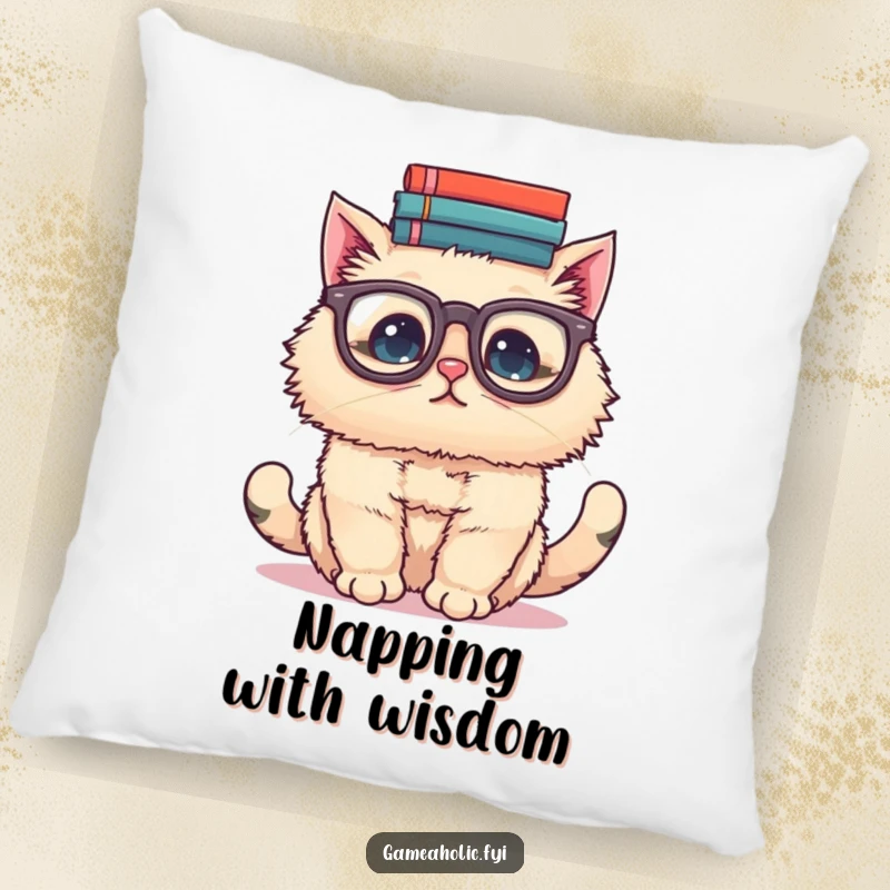 Funny pillow illustration of a fluffy cat wearing large glasses, trying hard to balance a teetering stack of books on its head.
