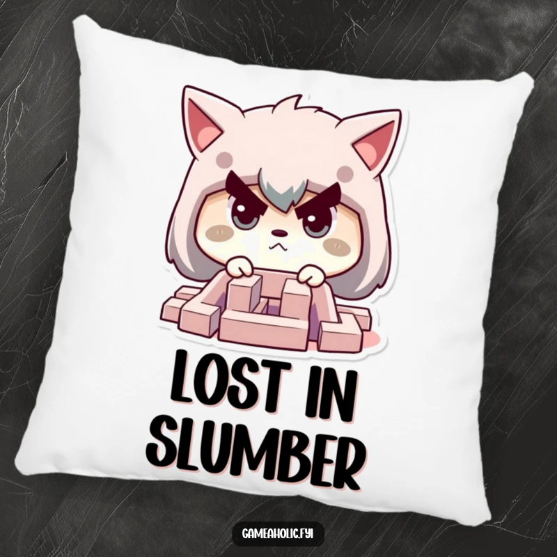 Funny pillow featuring a character with a determined face, focused on solving a tiny, challenging maze.