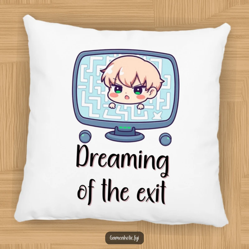 Funny pillow depicting a determined character navigating a complex maze on a screen, offering comfort and a humorous motivational vibe.