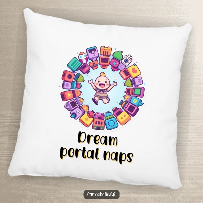 Funny pillow showing a happy character leaping into a swirling portal filled with game icons, offering comfort and gamer-themed decor.