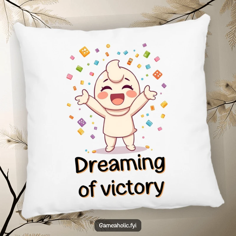 Funny pillow featuring a happy character throwing confetti composed of small, colorful video game icons.