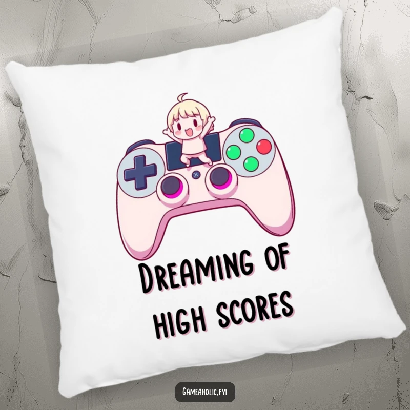 Funny Gamer Pillow: A soft pillow featuring a cute character jumping on a giant, glowing controller button, perfect for comfort and gaming decor.