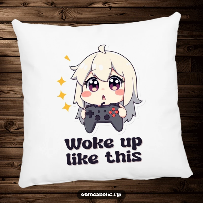Funny pillow featuring a character looking surprised with wide eyes, clutching a game controller tightly.