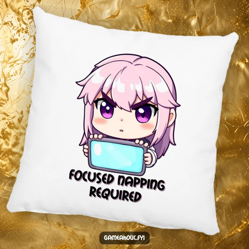 Funny pillow with a character intensely focused on a glowing screen, offering comfort and gamer humor.