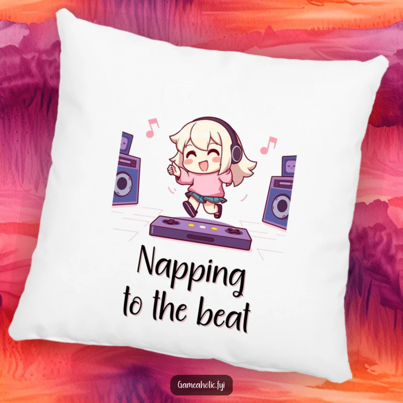 Funny Pillow: Character happily taps their foot to an energetic game beat, providing a humorous and comfortable accent for any gamer's sanctuary.