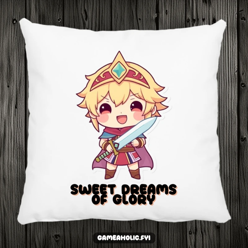 Funny pillow featuring a character beaming with pride while holding a tiny, sparkling sword, celebrating heroic moments.