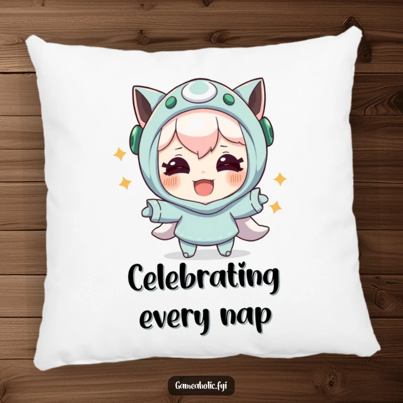 Funny pillow depicting a character with joyful eyes celebrating a successful in-game maneuver, offering comfort and a humorous victory vibe.