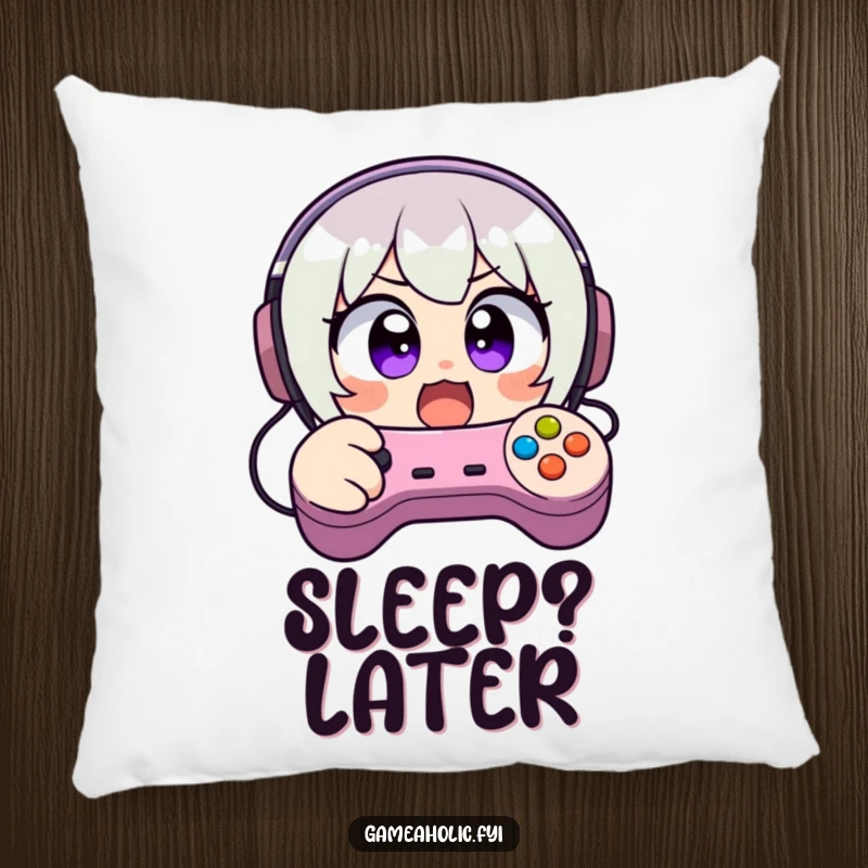 Funny pillow featuring a character with wide, excited eyes, frantically mashing video game controller buttons, offering comfort and gamer humor.