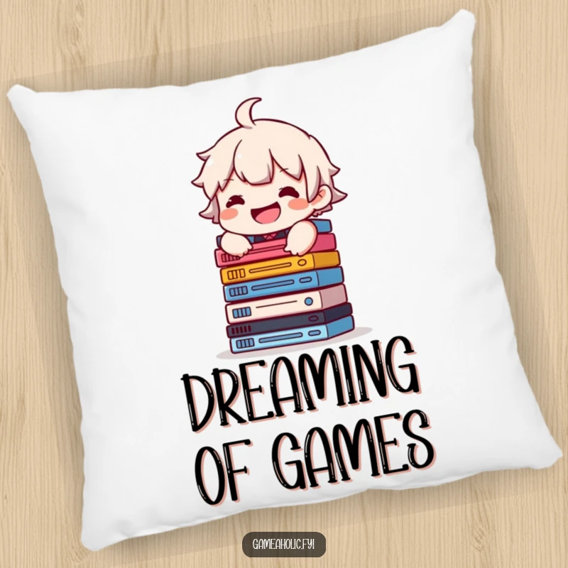 Funny pillow featuring a character with a grin, balancing a stack of video game cases, offering comfort and collector humor.