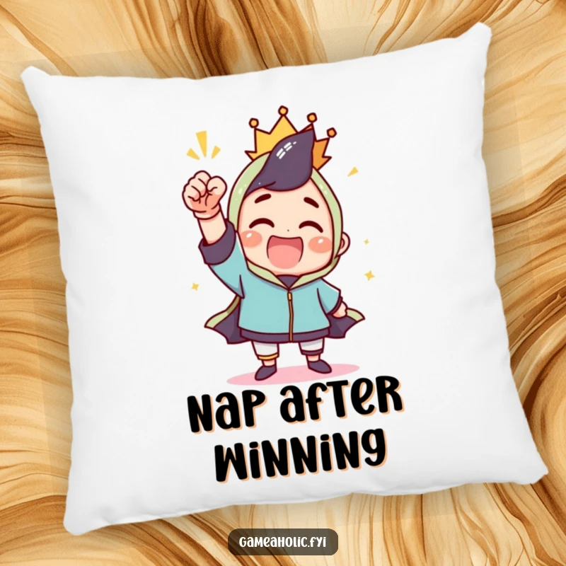 Funny pillow featuring a character celebrating a win with a triumphant fist pump, providing comfort and a touch of celebratory flair.
