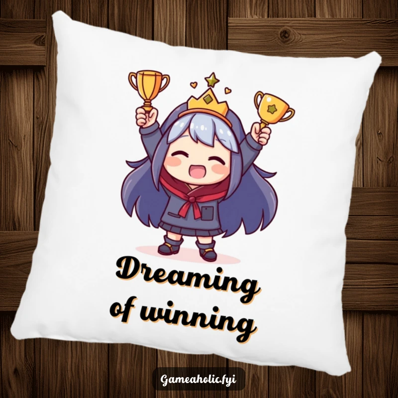 Funny Pillow showing a character beaming with pride, holding a minuscule trophy, offering a cute and funny celebration of success.