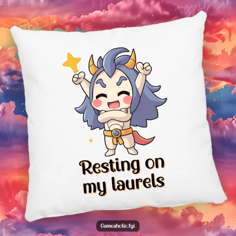 Funny throw pillow with a character in a triumphant crossed-arm pose, symbolizing victory and achievement in a cozy design.