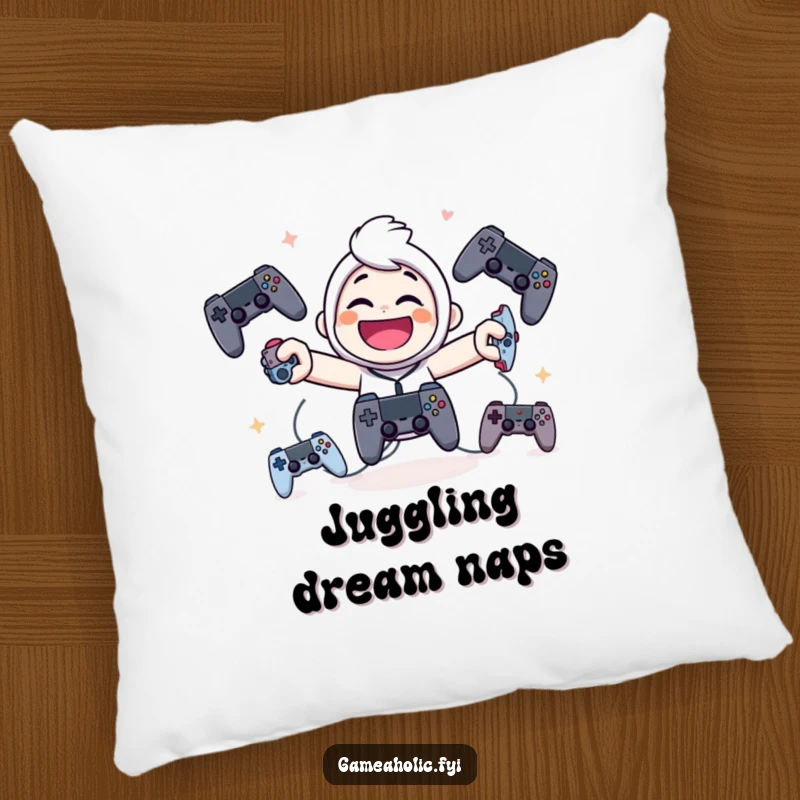 Funny pillow showing a giggling character smiling while juggling game controllers, perfect for comfortable gaming setups.