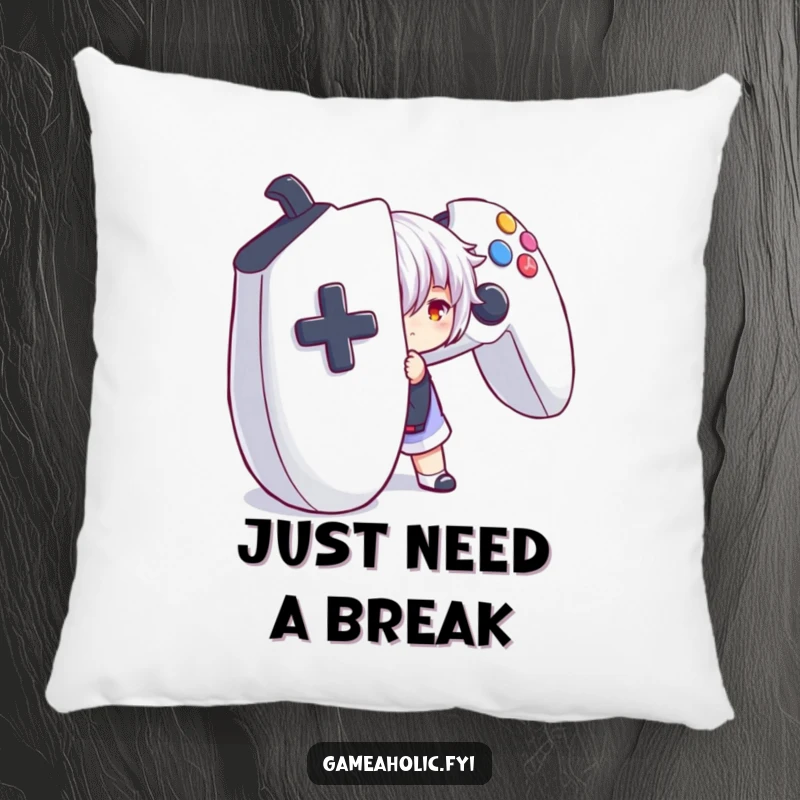Funny throw pillow featuring a character hiding behind a giant game controller, perfect for adding playful comfort to gaming spaces.