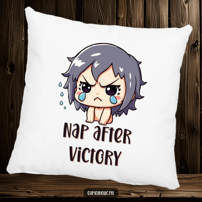 Funny Pillow: Playful character deeply focused, sweat drops flying, offering comfort and a reminder of gaming intensity.