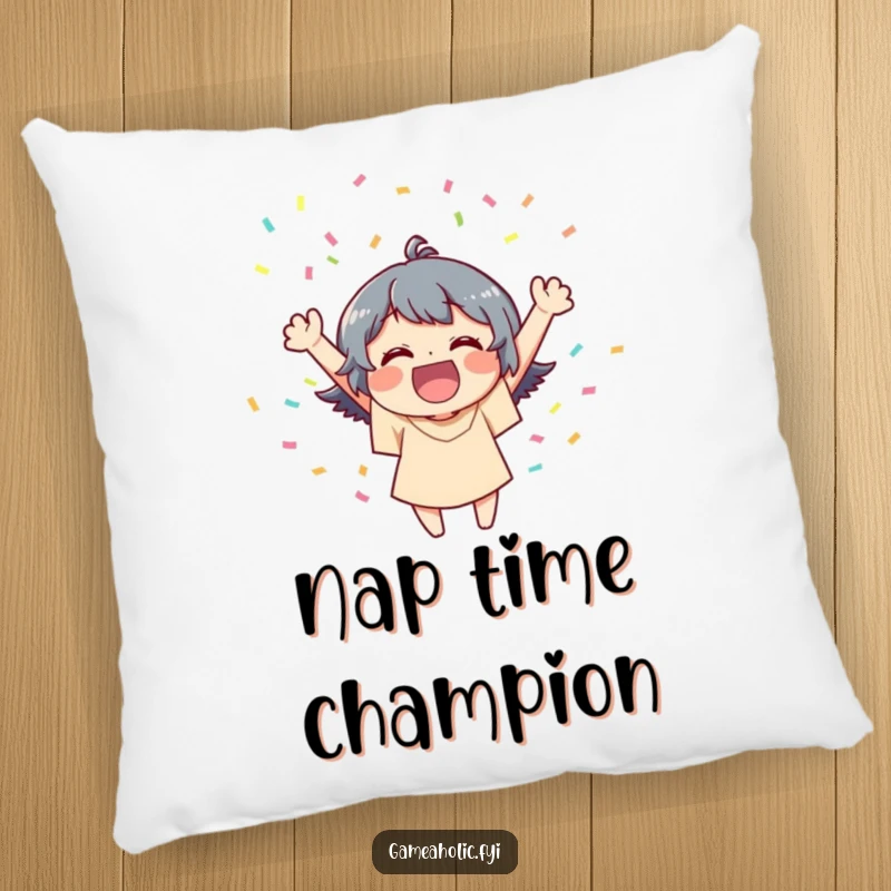 Funny pillow with a joyful character celebrating a significant victory, surrounded by a delightful shower of confetti.