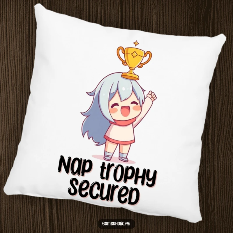 Funny pillow featuring a character joyfully holding up a tiny, golden trophy, adding cheerful decor and comfort.
