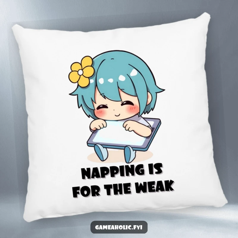 Funny Pillow with a character happily and quickly tapping on a glowing tablet screen, offering comfort and digital humor.