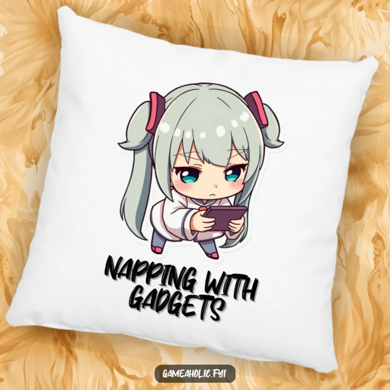 Funny Intense Gamer Pillow: A soft, decorative pillow featuring a character leaning forward, intensely focused on a handheld game device.