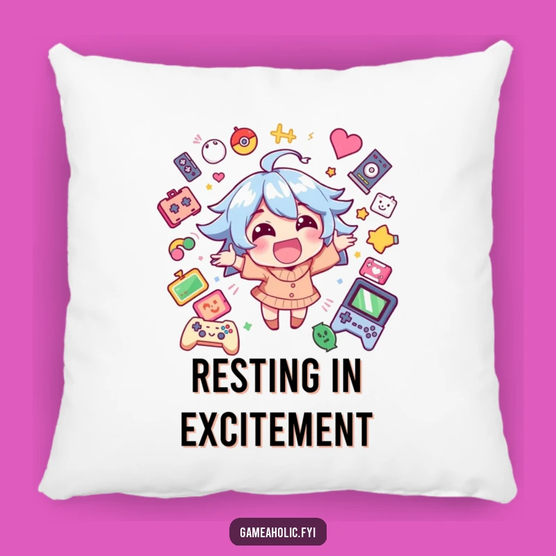 Funny Gamer Pillow: Happy Character Excitement, Game Icons, Comfy & Cheerful