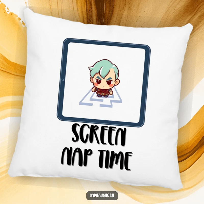 Funny pillow featuring a determined character focused on navigating a maze on a tablet screen, suitable for tech enthusiasts.