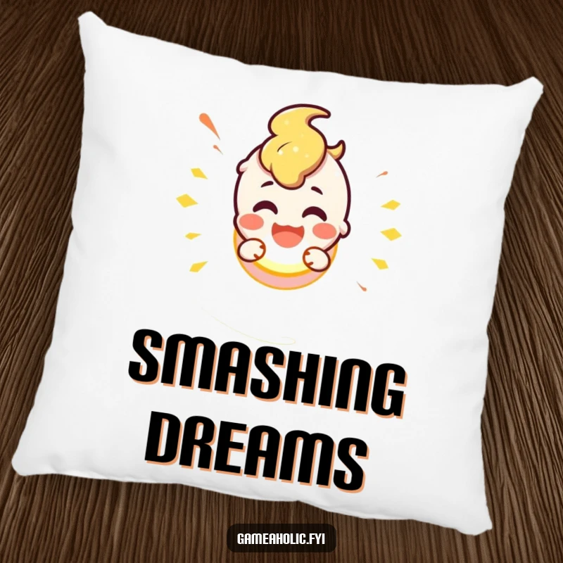 Cute character excitedly smashing a glowing button, symbolizing fun and impulse, on a soft pillow.