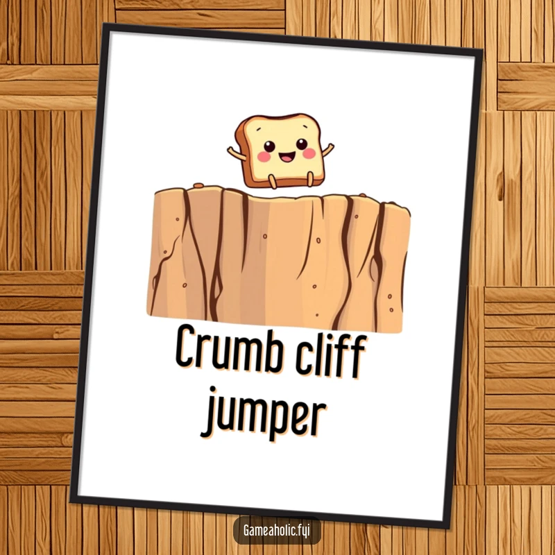 Funny digital art of smiling toast with tiny legs leaping over a giant crumb cliff, celebrating breakfast and bold leaps.