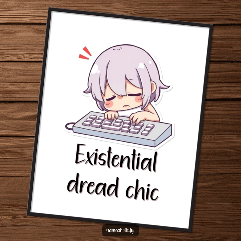 Funny Character Dramatically Slumping Over a Keyboard with a Comically Exaggerated Sigh Digital Art, Relatable Tech Humor.