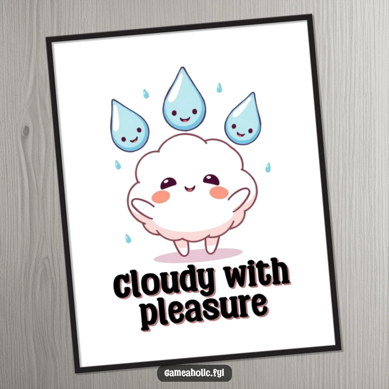 Funny digital art of a fluffy cloud character juggling smiling rain drops, celebrating cheerful multitasking and weather whimsy.