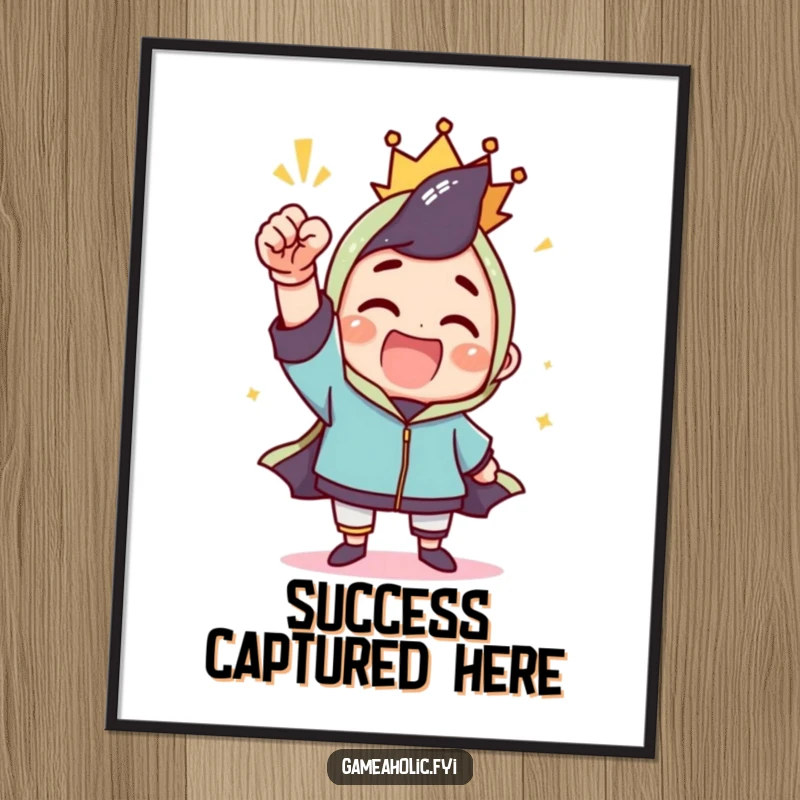 Funny digital art print of a character celebrating a win with a triumphant fist pump, exuding pure joy and accomplishment.