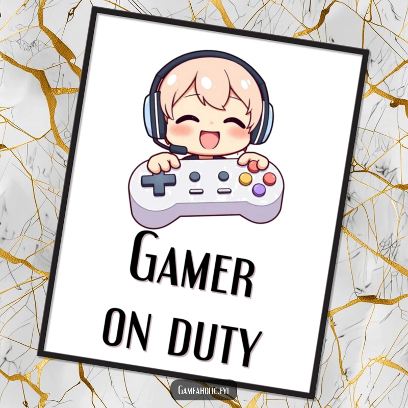 Funny digital art print of a character in headphones, enthusiastically mashing giant game controller buttons with glee.