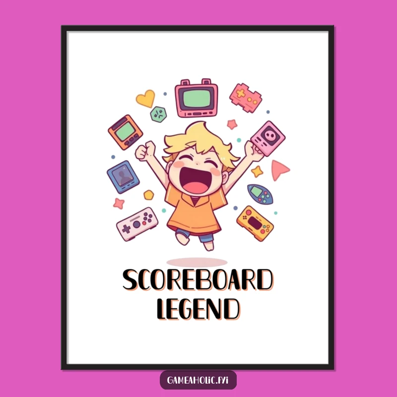 Funny Gamer Digital Art: Cheerful Character with Icons, Instant Download for Decor