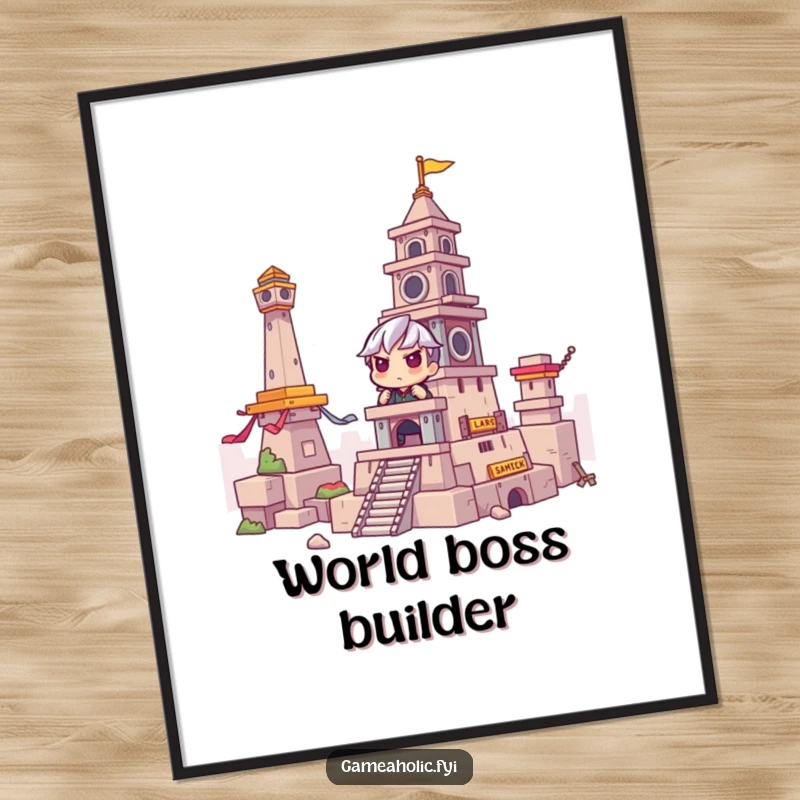 Funny Digital Art Print: Gamer intensely concentrating, building a massive tower in a game, bringing epic gaming vibes to any wall, a funny gift.