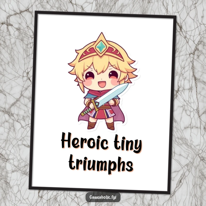 Funny digital art print of a proud character holding a tiny, sparkling sword, perfect for heroic decor.