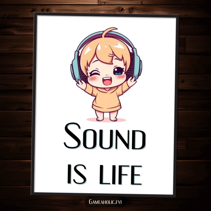 Funny digital art print of a delighted character wearing large headphones, joyfully bobbing their head, perfect for music-themed rooms.