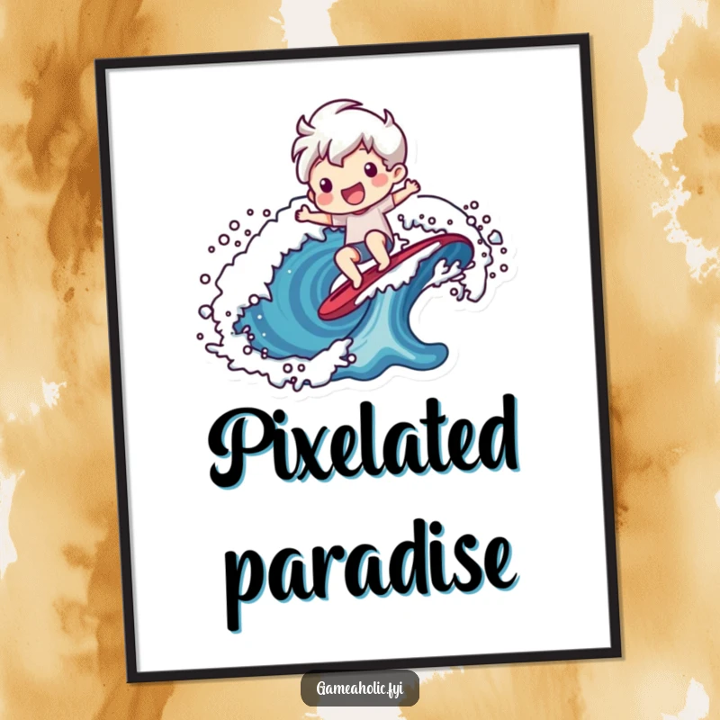 Funny digital art print of a cheerful character riding a vibrant, stylized pixelated wave, evoking adventure.