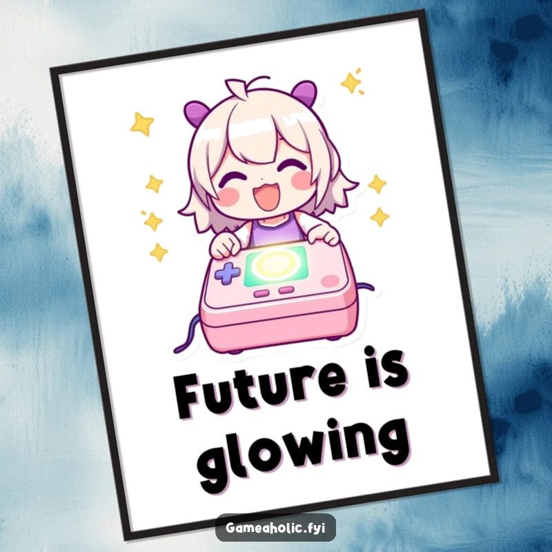 Funny Digital Art Print of a character happily powering up a stylized, glowing game console, a humorous and energetic piece.