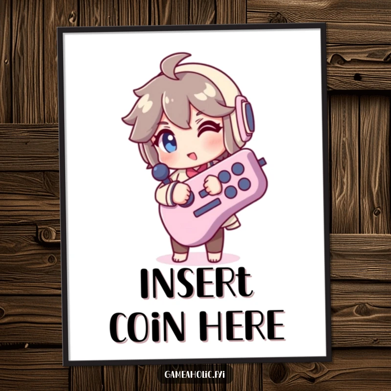 Funny Digital Art: Character winks holding a massive joystick, capturing the essence of retro gaming fun and a playful, humorous vibe.