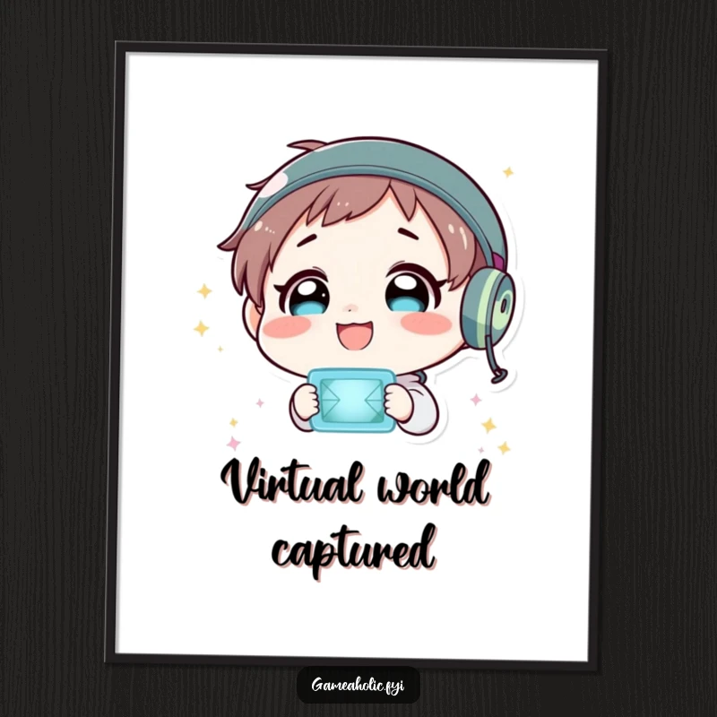 Funny digital art print of a character beaming with delight, captivated by the stunning visuals of a flashing virtual world.