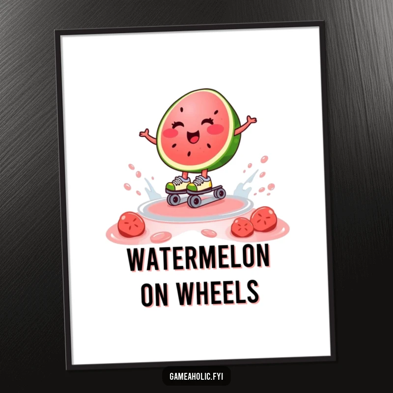 Funny digital art of a happy watermelon slice on roller skates, gliding on juice, celebrating carefree summer fun.