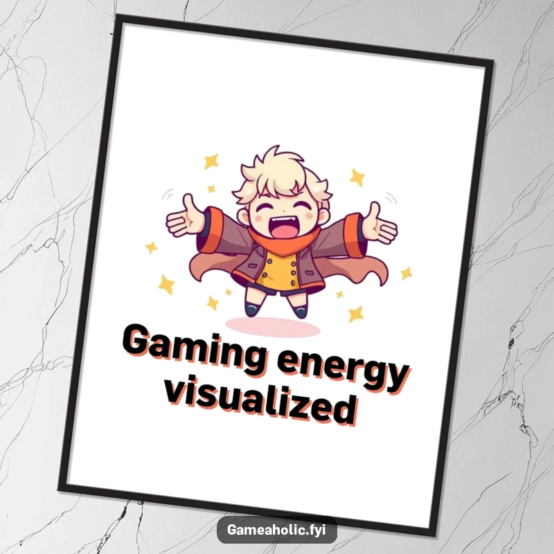 Funny digital art print of a character spinning with arms outstretched, radiating pure, uncontainable gaming energy and joy.