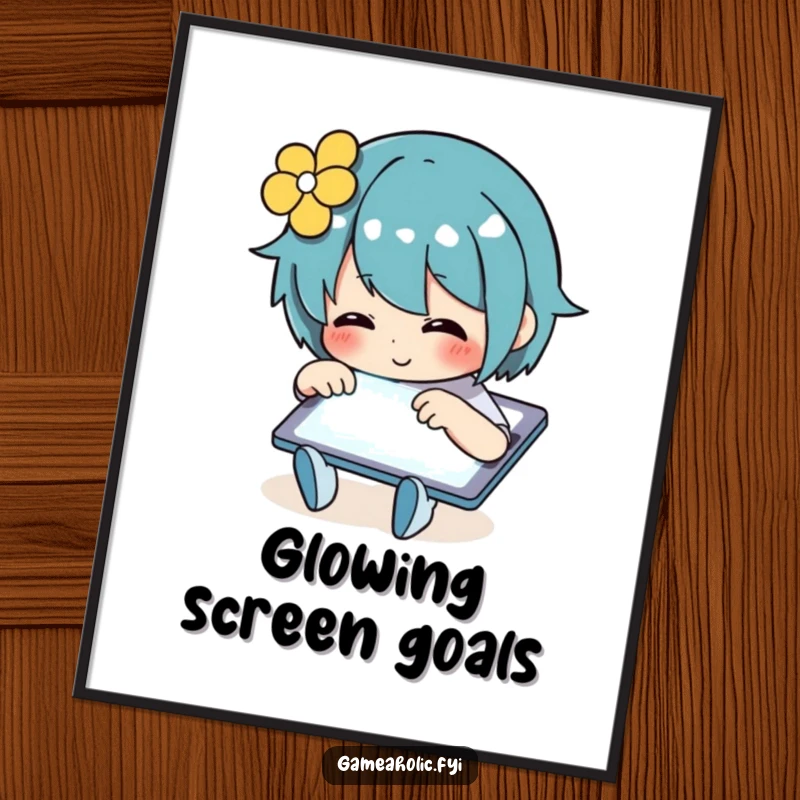 Funny Digital Art Print of an ecstatic person tapping furiously on a glowing tablet screen, embodying digital life.